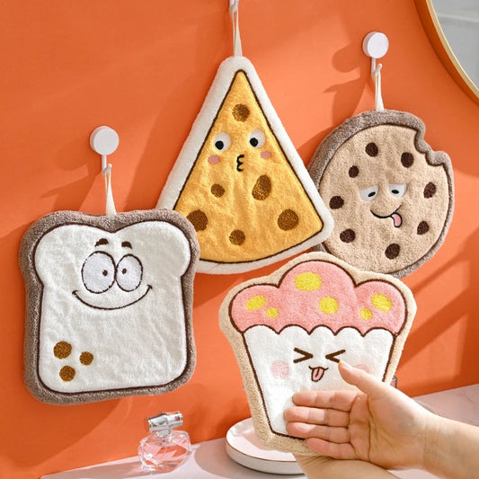 Cute Bread & Cheese Hanging Hand Towel – Soft Coral Fleece, Ultra Absorbent