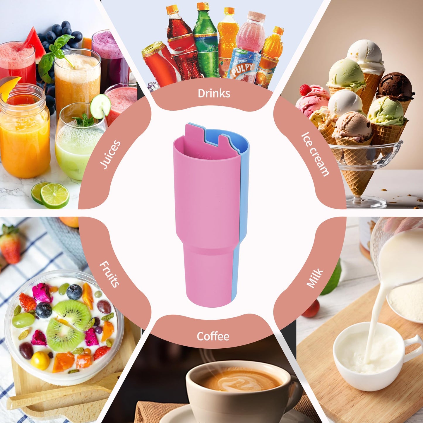 2-in-1 Drink Separator Divider with Spill Proof Lid for Stanley Tumbler 40oz, Silicone Liner Reusable Insert Cup Splitter Dual-Sided Drink for Coffee, Cola, Juice