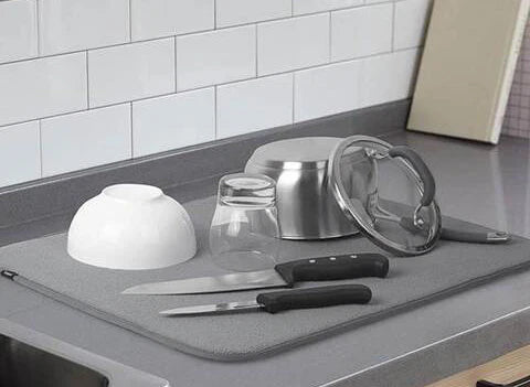 Dish Drying Mat, Multipurpose Plates Rack, Microfibre Absorbent Mat Pot Lid Holder
