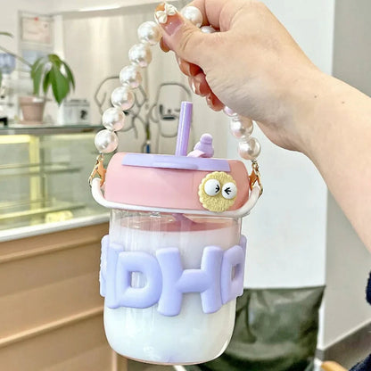 Aesthetic Glass Cup Straw Tumbler Glass Drinking Bottle